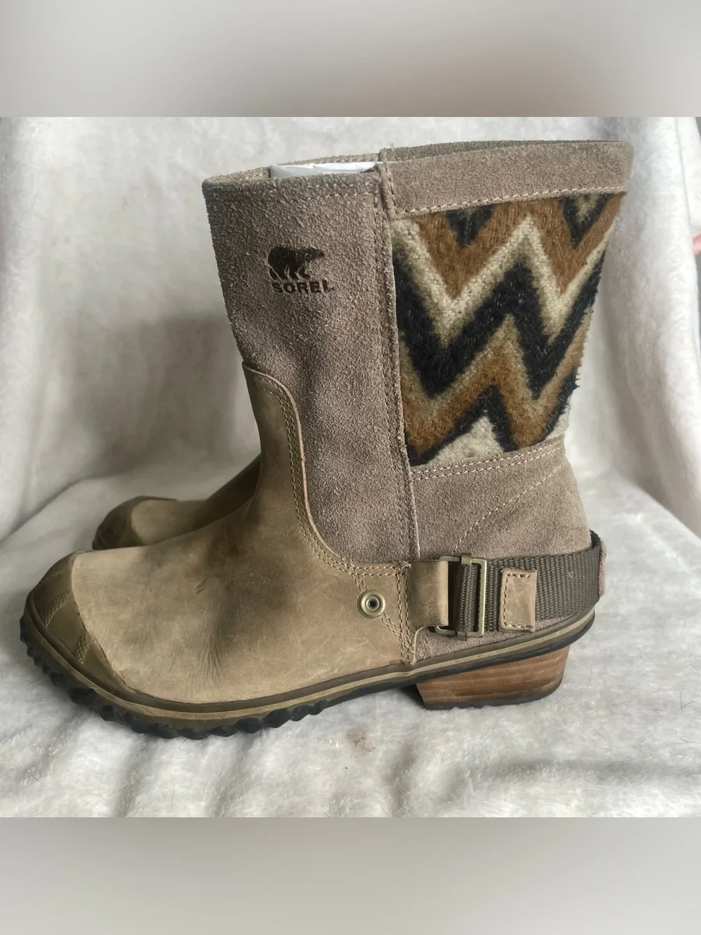Sorel Slim Shortie Boots Womens 6.5 Beige Leather Suede Aztec Winter Mid Calf